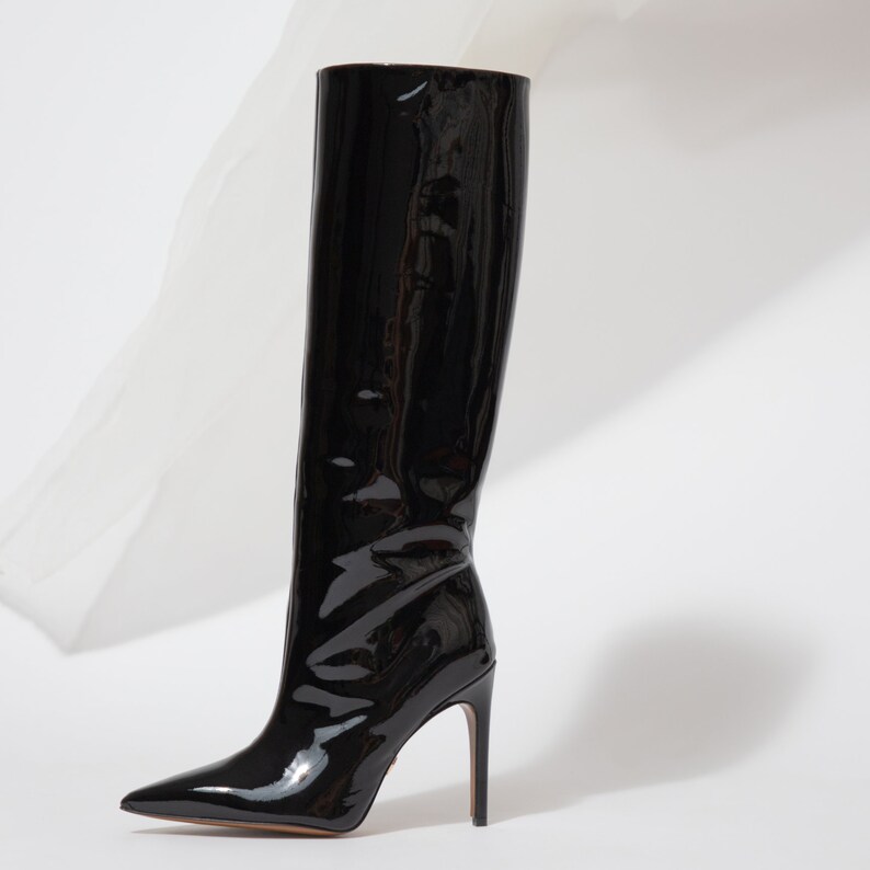 Leather Boots Anastasia Black Laque, Knee High Leather Boots, High Heel