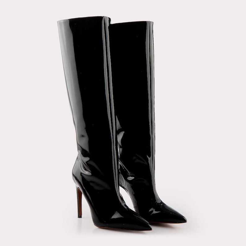 Leather Boots Anastasia Black Laque, Knee High Leather Boots, High Heel ...