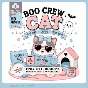Boo Crew Kat PNG | Schattige Halloween Kat PNG | Kat Moeder Spook Shirt Ontwerp | Retro Spook Kat Sublimatie PNG | Direct Downloaden