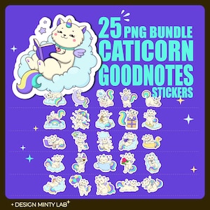 May include: A digital bundle of 25 Caticorn Goodnotes stickers featuring a white cat with a unicorn horn, wings, and a multicolored tail. The stickers show the cat in various poses, including reading, holding items, and sitting on clouds or moons.