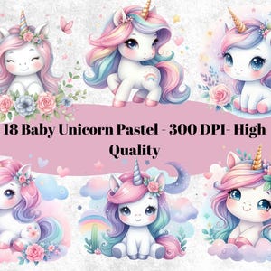 18 Watercolor Unicorn Clipart: Pastel Baby Unicorn PNG (Digital Download)