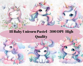 18 PNG Cute Unicorn Clipart, Watercolor Baby Unicorn Collection, Rainbow Unicorn, Magic Unicorn, Pastel Unicorn - AI Art