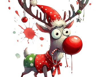 32 Funny Christmas Reindeer and Santa Claus Clipart PNG Bundle- Watercolor Quirky Xmas Clip Art, Printable Digital Download images