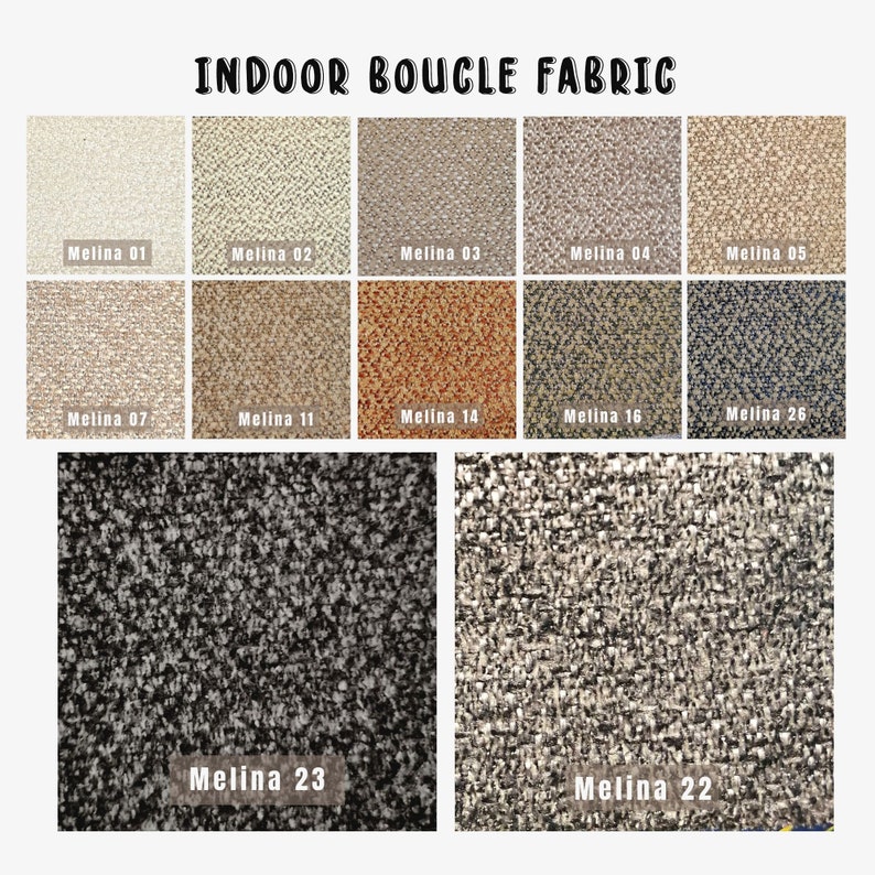Puede incluir: Una variedad de muestras de tejido boucl&eacute; para interiores en diferentes colores y texturas, incluyendo beige, marr&oacute;n, gris y negro. Las muestras est&aacute;n etiquetadas con los nombres "Melina 01", "Melina 02", "Melina 03", "Melina 04", "Melina 05", "Melina 07", "Melina 11", "Melina 14", "Melina 16", "Melina 26", "Melina 23" y "Melina 22".