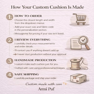 Puede incluir: Un gr&aacute;fico informativo titulado How Your Custom Cushion Is Made, que detalla cuatro pasos: pedido, revisi&oacute;n, producci&oacute;n y env&iacute;o. Incluye iconos de carrito, lupa, carrete de hilo y caja de cart&oacute;n, finalizando con el nombre Armi Puf.