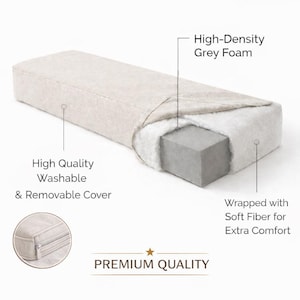 Puede incluir: Un coj&iacute;n rectangular con una funda beige lavable y extra&iacute;ble de alta calidad, un n&uacute;cleo de espuma gris de alta densidad y un envoltorio de fibra suave. Un recuadro circular muestra un detalle de cremallera. El texto incluye Premium Quality.