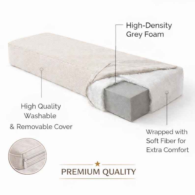 Puede incluir: Un coj&iacute;n rectangular con una funda beige lavable y extra&iacute;ble de alta calidad, un n&uacute;cleo de espuma gris de alta densidad y un envoltorio de fibra suave. Un recuadro circular muestra un detalle de cremallera. El texto incluye Premium Quality.
