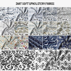 Puede incluir: Una colecci&oacute;n de 17 muestras de tela ikat diferentes en varios colores y patrones. Las telas est&aacute;n dispuestas en una cuadr&iacute;cula, con cada muestra etiquetada con un n&uacute;mero del 01 al 17.