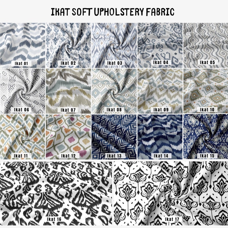 Puede incluir: Una colecci&oacute;n de 17 muestras de tela ikat diferentes en varios colores y patrones. Las telas est&aacute;n dispuestas en una cuadr&iacute;cula, con cada muestra etiquetada con un n&uacute;mero del 01 al 17.