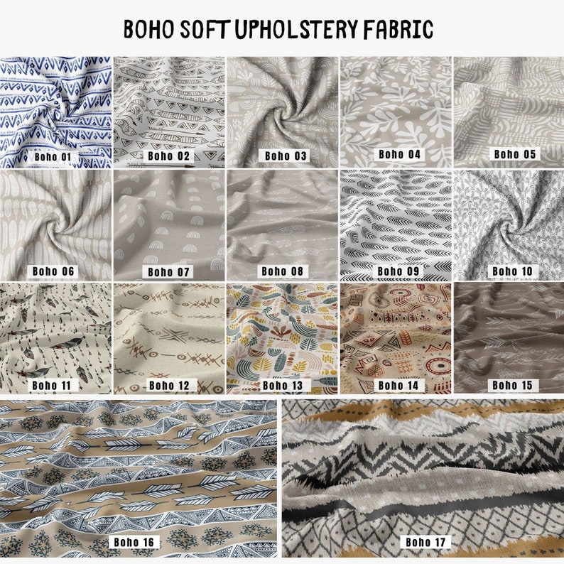 Puede incluir: Un collage de 17 muestras de tela diferentes que presentan varios patrones bohemios en beige, marr&oacute;n, gris y azul. Las telas presentan formas geom&eacute;tricas, flechas, plumas y otros dise&ntilde;os abstractos.