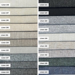 Puede incluir: Una carta de muestras que muestra 18 muestras de tela diferentes. Las muestras est&aacute;n etiquetadas con los nombres "Linen 143", "Linen 147", "Linen 146", "Linen 145", "Linen 151", "Linen 154", "Linen 122", "Linen 107", "Linen 109", "Linen 110", "Linen 111", "Linen 124", "Linen 104", "Linen 103", "Linen 144", "Linen 150", "Linen 152" y "Linen 126".
