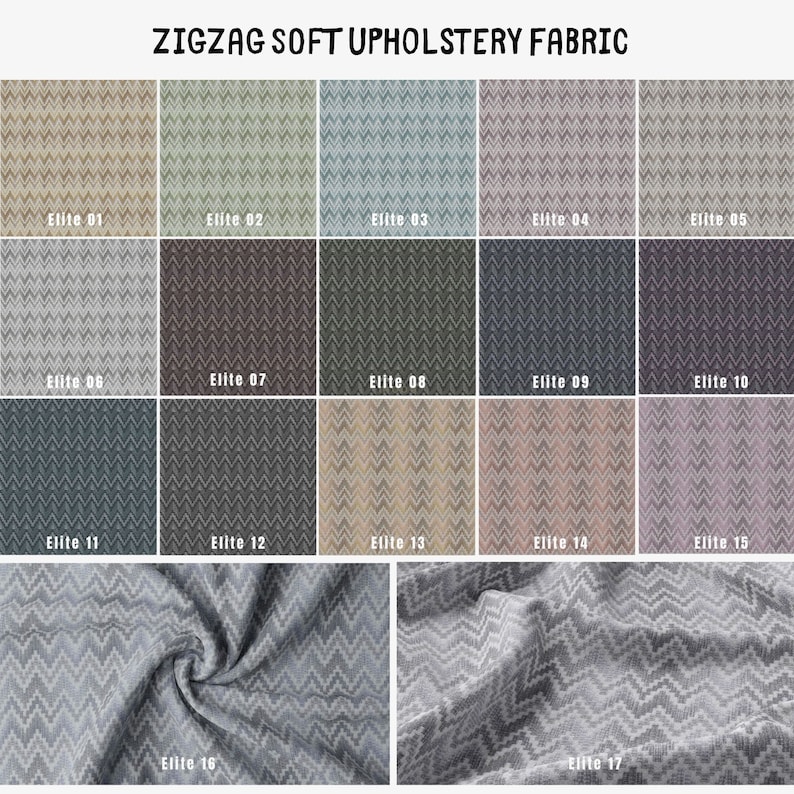 Puede incluir: Una colecci&oacute;n de 17 muestras de tela con un patr&oacute;n en zigzag en varios colores, incluyendo beige, verde, azul, gris y rosa. Las muestras est&aacute;n etiquetadas con n&uacute;meros del 01 al 17.