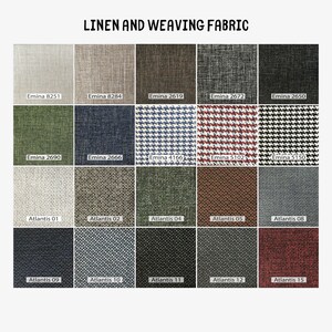 Puede incluir: Una cuadr&iacute;cula de veinte muestras de tela titulada LINEN AND WEAVING FABRIC. La serie Emina muestra patrones s&oacute;lidos y de pata de gallo en beige, gris, negro, verde, azul y rojo. La serie Atlantis presenta tejidos texturizados en tonos neutros, verdes y rojos.