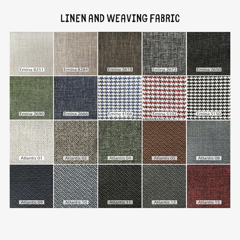 Puede incluir: Una cuadr&iacute;cula de veinte muestras de tela titulada LINEN AND WEAVING FABRIC. La serie Emina muestra patrones s&oacute;lidos y de pata de gallo en beige, gris, negro, verde, azul y rojo. La serie Atlantis presenta tejidos texturizados en tonos neutros, verdes y rojos.