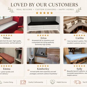 Puede incluir: Un gr&aacute;fico de rese&ntilde;as de clientes titulado LOVED BY OUR CUSTOMERS que muestra seis fotos de cojines de banco personalizados en varios hogares. Cada rese&ntilde;a incluye una calificaci&oacute;n de cinco estrellas, nombre y texto. Iconos de personalizaci&oacute;n, artesan&iacute;a, servicio y entrega aparecen en la parte inferior.