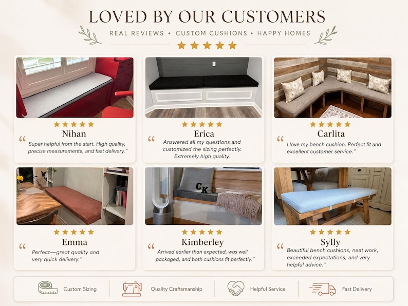 Puede incluir: Un gr&aacute;fico de rese&ntilde;as de clientes titulado LOVED BY OUR CUSTOMERS que muestra seis fotos de cojines de banco personalizados en varios hogares. Cada rese&ntilde;a incluye una calificaci&oacute;n de cinco estrellas, nombre y texto. Iconos de personalizaci&oacute;n, artesan&iacute;a, servicio y entrega aparecen en la parte inferior.
