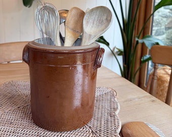 Vintage French Salt-Glazed Stoneware Confit Pot with Side Handles