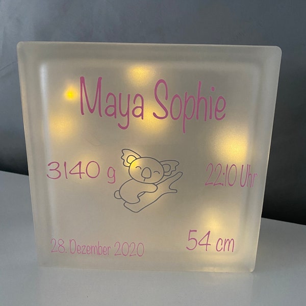 Glasbaustein personalisiert mit Beleuchtung zur Geburt Babyparty Geschenke Baby erster Geburtstag personalisiert