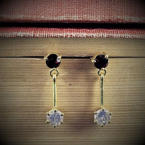 18ct Gold Diamond and Garnet Drop Earrings - image 2