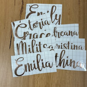 May include: A selection of custom name decals in a copper metallic finish. The names are written in a cursive font and are displayed on a grid-lined backing. Names include Emily, Victoria, Grace, Breana, Militsa, Cristina, Emilia, and Thina.