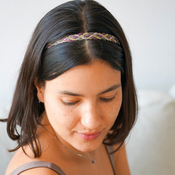 Accessoire de cheveux tressé, headband tissé violet et vert, serre-tete cheveux coloré ete, cadeau femme ou fille