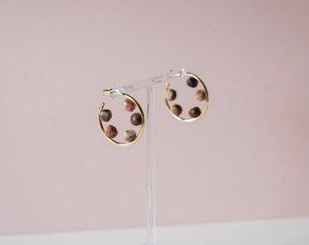 Hoop earrings - 14K Gold Plate with 5 Natural Pink Stones Perfect for summer, modern, minimalist accessory