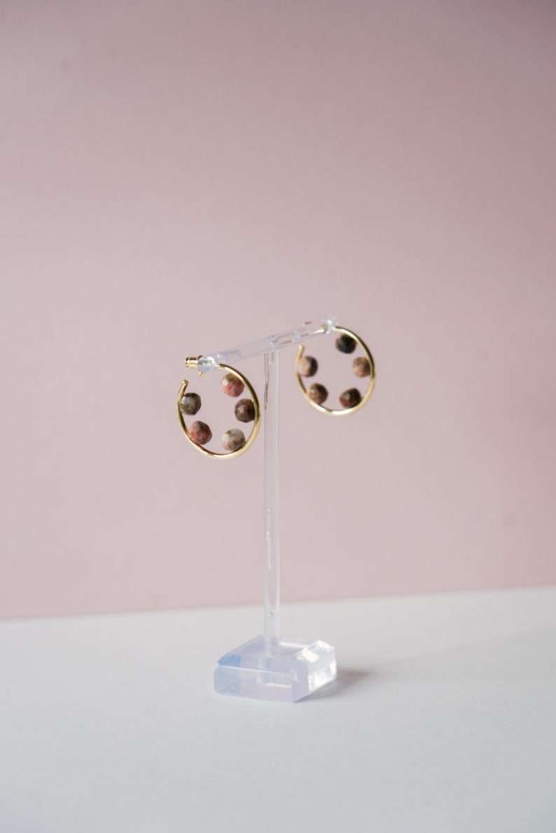 Hoop earrings 14K Gold Plate with 5 Natural Pink Stones Perfect for summer, modern, minimalist accessory image 1