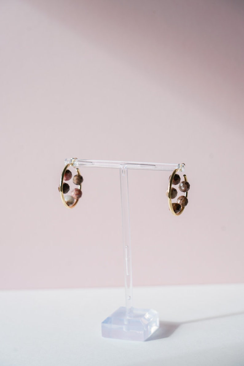 Hoop earrings 14K Gold Plate with 5 Natural Pink Stones Perfect for summer, modern, minimalist accessory image 3