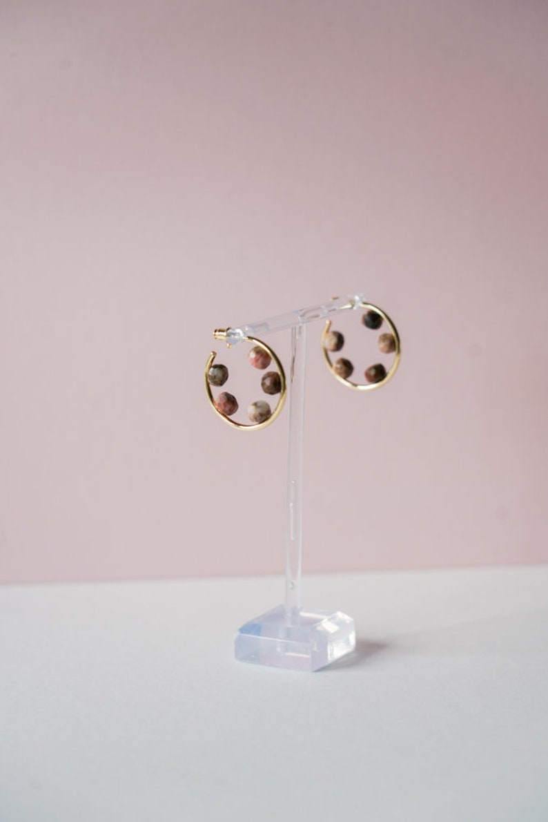 Hoop earrings 14K Gold Plate with 5 Natural Pink Stones Perfect for summer, modern, minimalist accessory image 2