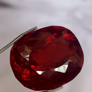 Puede incluir: Una gran gema roja oscura con un corte facetado. La gema tiene forma ovalada y un alto pulido.