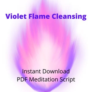Puede incluir: Imagen abstracta de una llama violeta estilizada sobre un fondo blanco. El texto "Violet Flame Cleansing" aparece en morado en la parte superior, con "Instant Download PDF Meditation Script" en la parte inferior.