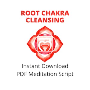 Puede incluir: Gráfico de descarga digital con el texto "ROOT CHAKRA CLEANSING" en rojo. La imagen presenta un símbolo de chakra rojo estilo acuarela con un diseño central. Debajo, el texto dice "Descarga instantánea PDF Meditation Script."