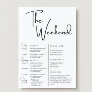 Modèle d'itinéraire de week-end de mariage Itinéraire de mariage à destination Calendrier des événements Carte chronologie du mariage ordre moderne des événements