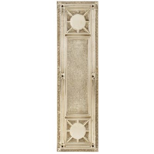 May include: A rectangular, antique-style door plate in a cream color. The plate features a textured center panel and decorative square accents with circular designs at the top and bottom. The edges are adorned with intricate patterns.
