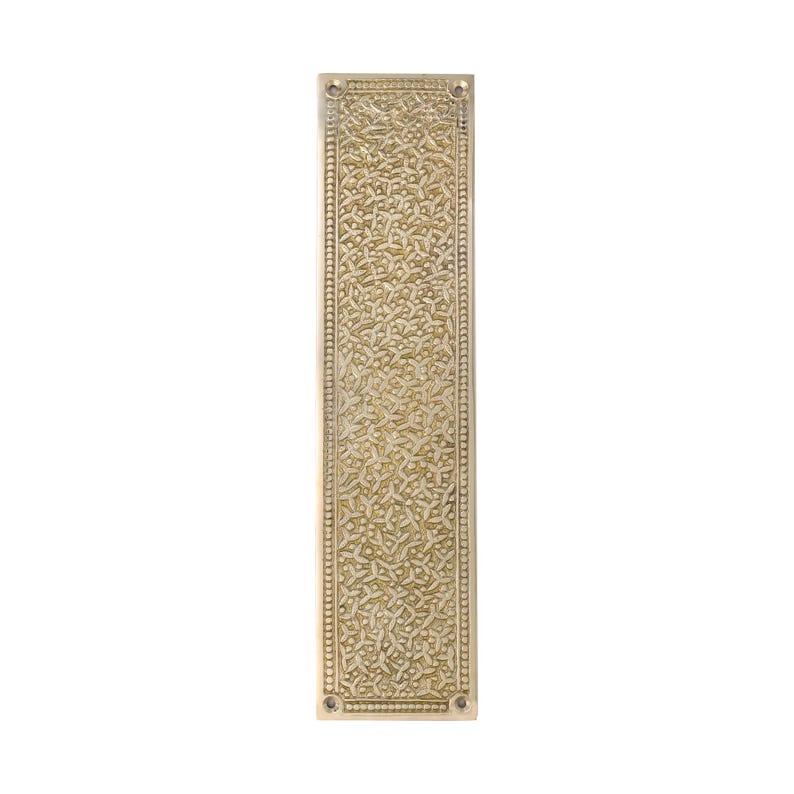 May include: A rectangular, brass-colored door finger plate with an intricate, repeating floral pattern. The plate has a detailed border and four screw holes, suggesting a vintage or antique style.