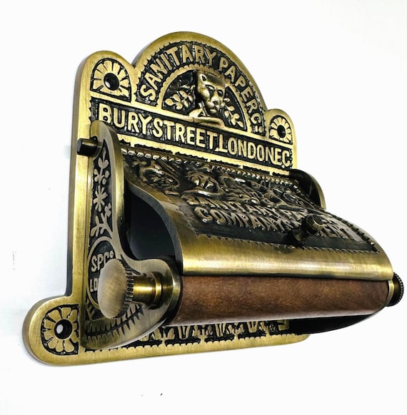 Bury Street London Victorian Cast Iron Antique Wall Mounted Toilet Roll Paper Holder in Antique Brass Vintage ornate old style