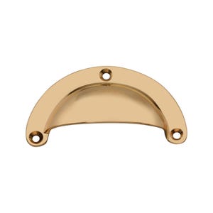 May include: A gold-colored, half-moon shaped drawer pull with three screw holes. The hardware has a smooth, reflective surface and is designed for cabinet or drawer installation. The pull is made of metal and has a classic, minimalist design.
