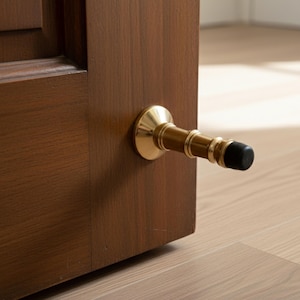 Puede incluir: Un tope de puerta de lat&oacute;n y marr&oacute;n con una punta de goma negra est&aacute; instalado en una puerta de madera oscura. El tope de la puerta tiene un dise&ntilde;o decorativo y se utiliza para evitar que la puerta se cierre por completo.
