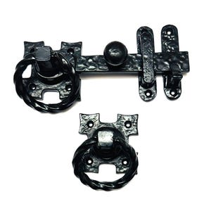 Black Wrought Iron Ring Gate Latch | Rustic Heavy Duty Door Latch | Antique Style Cottage Barn Door Lock | Outdoor Gate Hardware