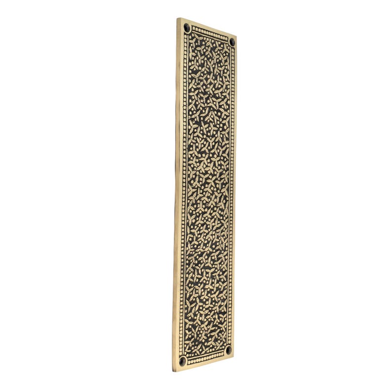 May include: A rectangular brass door plate with a detailed floral pattern. The plate has a dark background with a repeating light-colored floral design. The edges are lined with small dots, and there are four screw holes.