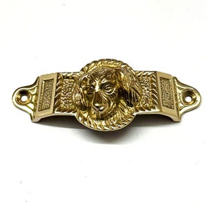 Puede incluir: Un tirador de puerta de metal dorado con un diseño detallado de una cabeza de perro en el centro.