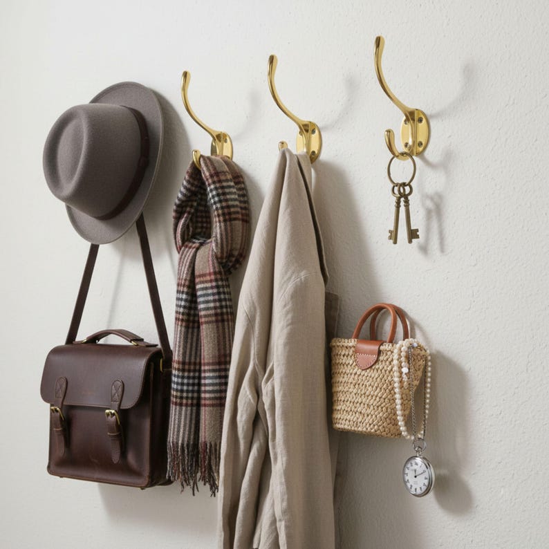 May include: Three brass wall hooks hold a gray hat, brown leather satchel, plaid scarf, beige coat, woven handbag, and keys. The items are displayed against a white wall, showcasing a functional and stylish storage solution.