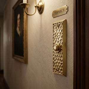 May include: A rectangular brass doorbell plate with a textured honeycomb pattern and a central circular button. Above the plate, a small rectangular brass sign features the word SERVICE in capital letters, mounted on a textured wall.