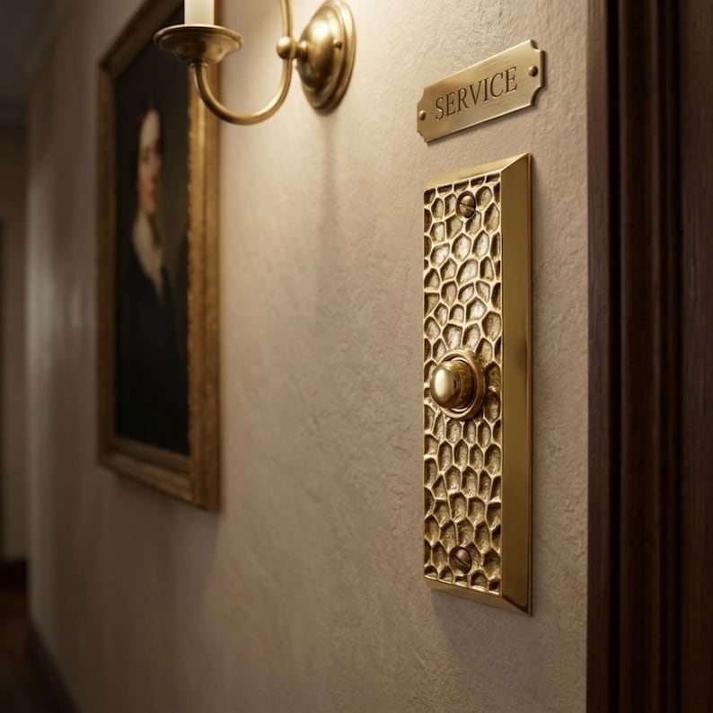 May include: A rectangular brass doorbell plate with a textured honeycomb pattern and a central circular button. Above the plate, a small rectangular brass sign features the word SERVICE in capital letters, mounted on a textured wall.