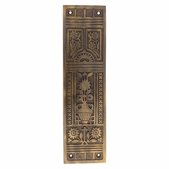 Solid Brass Push Plate –Vintage Potted Flower Door Plate •Antique Floral Door Hardware •Decorative Brass Door Push Plate for Home & Entryway