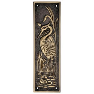 Massief messing reiger vogel duwplaat | Antiek messing deurdrukplaat | Vintage decoratief deurbeslag | Woondecoraties kust