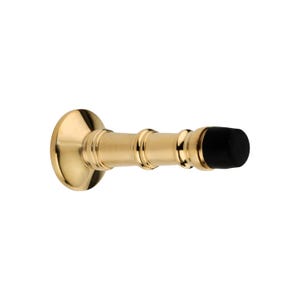 May include: A gold-colored bottle stopper with a black rubber tip. The stopper has a circular base and a cylindrical body with decorative rings. The design is simple and elegant, suitable for wine bottles.