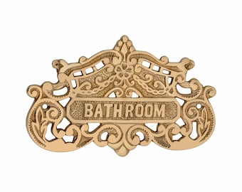 Solid Brass Bathroom Door Sign – Antique Style Bathroom Plaque – Ornate Restroom Door Plate – Victorian Brass Sign for Home Decor