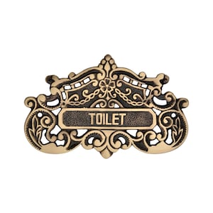 Vintage Solid Brass Toilet Door Sign – Antique Style Bathroom Plaque – Ornate Restroom Door Plate – Victorian Brass Sign for Home Decor