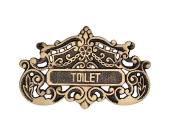 Vintage Solid Brass Toilet Door Sign – Antique Style Bathroom Plaque – Ornate Restroom Door Plate – Victorian Brass Sign for Home Decor